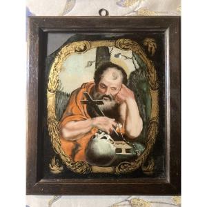 Peint su verre du XIX siecle San Girolamo 