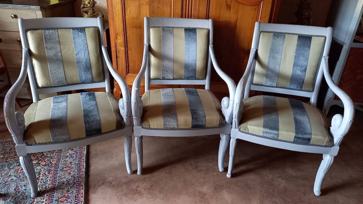 3 fauteuils restauration en acajou peint en gris-photo-2