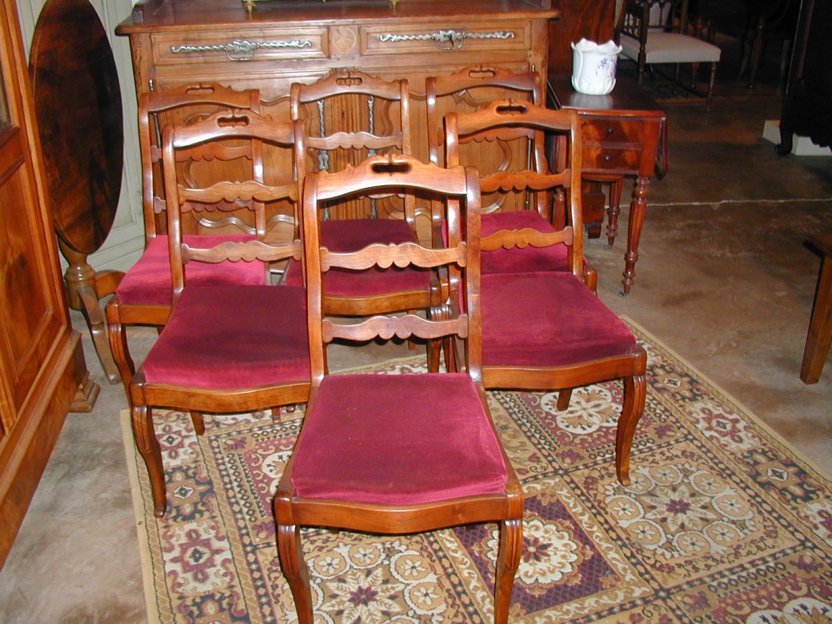 Lot de 6 chaises fond tissu rouge en acajou