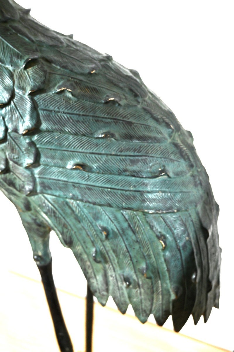 Pair Of Herons In Chiseled Bronze With Green Patina, 20th Century (1970s)-photo-2