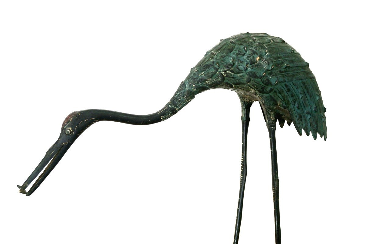 Pair Of Herons In Chiseled Bronze With Green Patina, 20th Century (1970s)-photo-3
