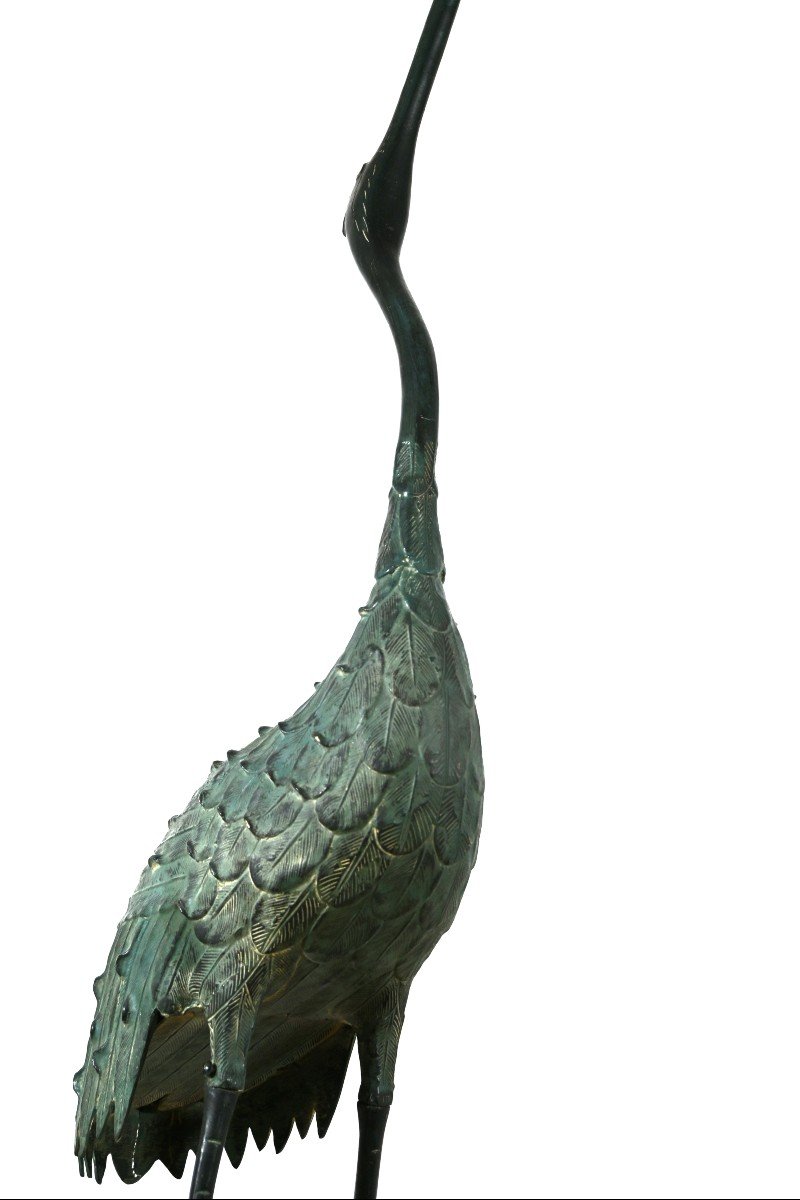 Pair Of Herons In Chiseled Bronze With Green Patina, 20th Century (1970s)-photo-4