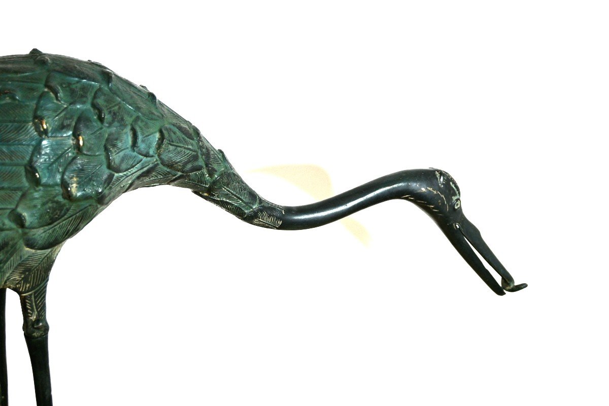 Pair Of Herons In Chiseled Bronze With Green Patina, 20th Century (1970s)-photo-5