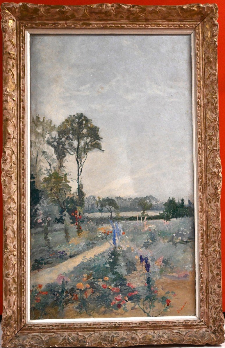 Georges Billaudot (paris, 1868-1951), Au Jardin, Huile sur panneau de bois, signée en bas