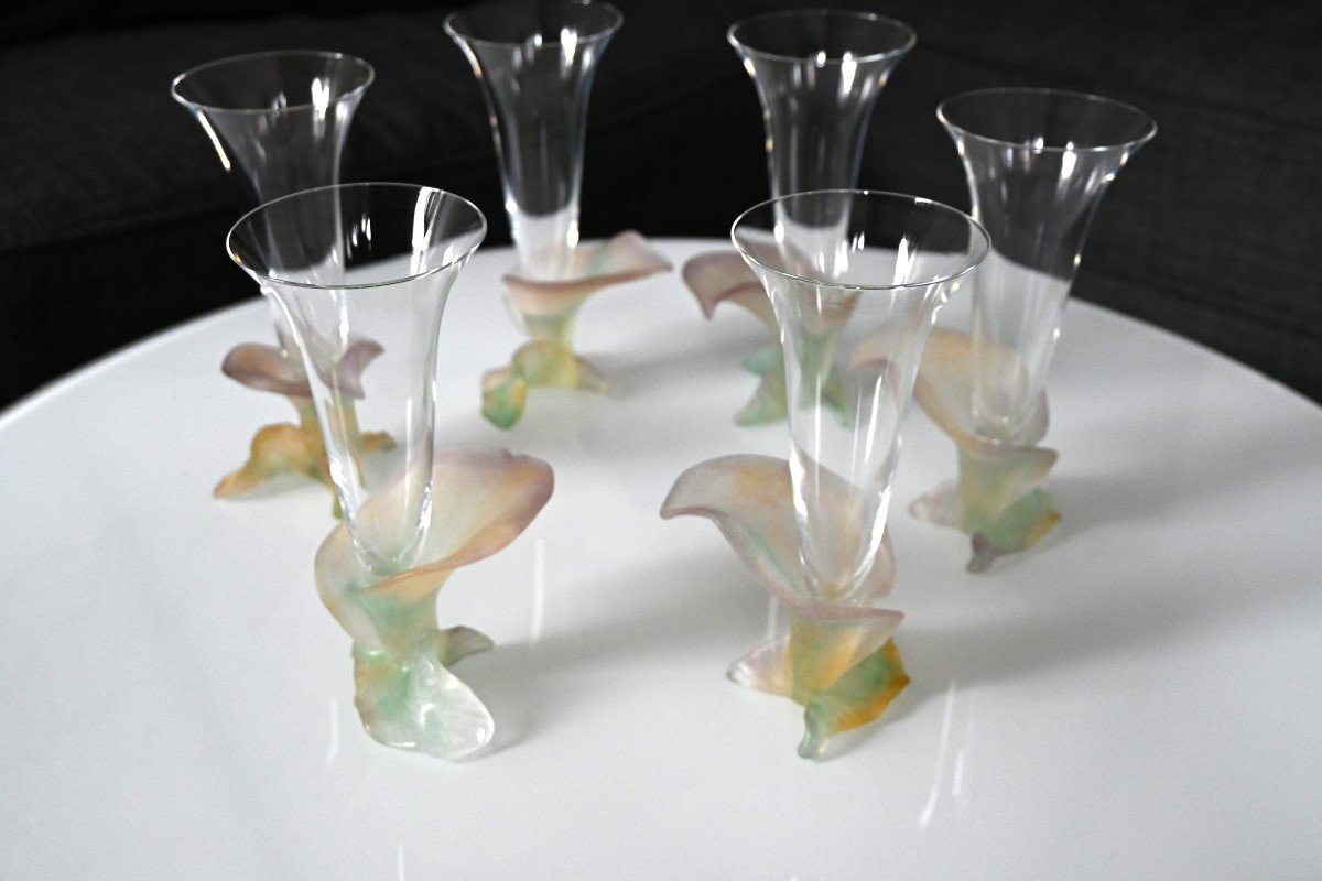 Set Of 6 Champagne Glasses With Floral Decoration, In Daum Crystal-photo-5
