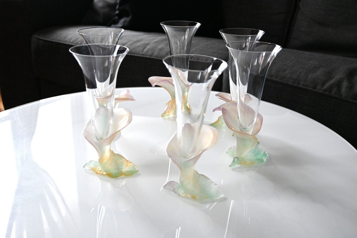 Set Of 6 Champagne Glasses With Floral Decoration, In Daum Crystal