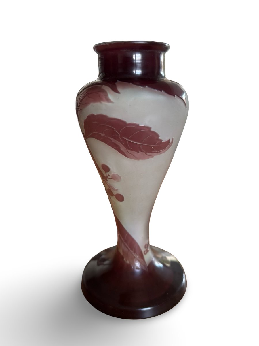 Vase Balustre Signé Gallé à Décor De Vigne Vierge Blanc Et Violet En Pâte De Verre-photo-3