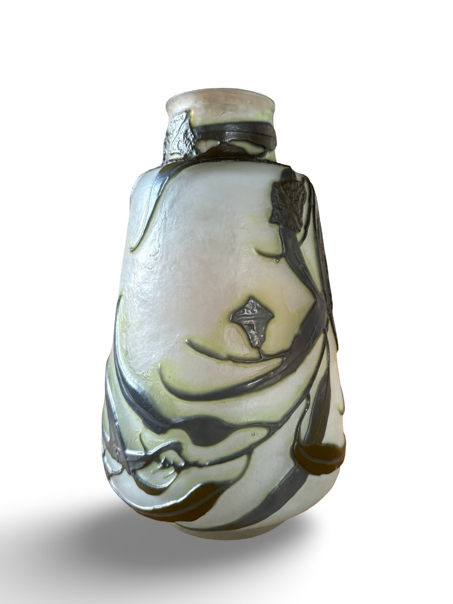 Gallé Vase, “eucalyptus” Model, In White And Green Acid-erased Glass Paste-photo-4
