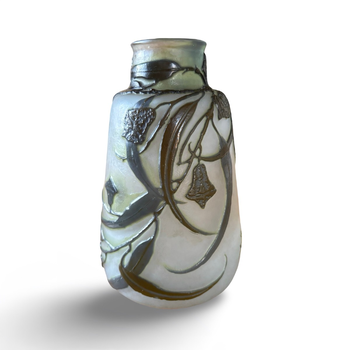 Gallé Vase, “eucalyptus” Model, In White And Green Acid-erased Glass Paste