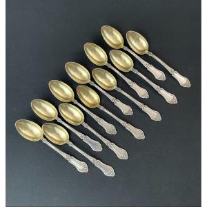 Twelve Spoons Decorated With Flowers In Sterling Silver And Vermeil