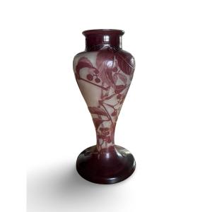 Baluster Vase Signed Gallé With White And Purple Virginia Creeper Decor In Glass Paste
