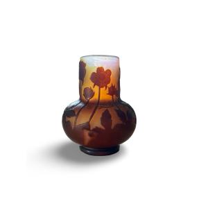 Small Vase Signed Gallé With Anemone Decoration In Acid-etched Glass Paste