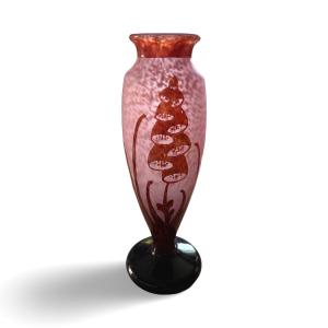 Large French Glass Vase (schneider, Charder) Model “digitales” Pink And Red