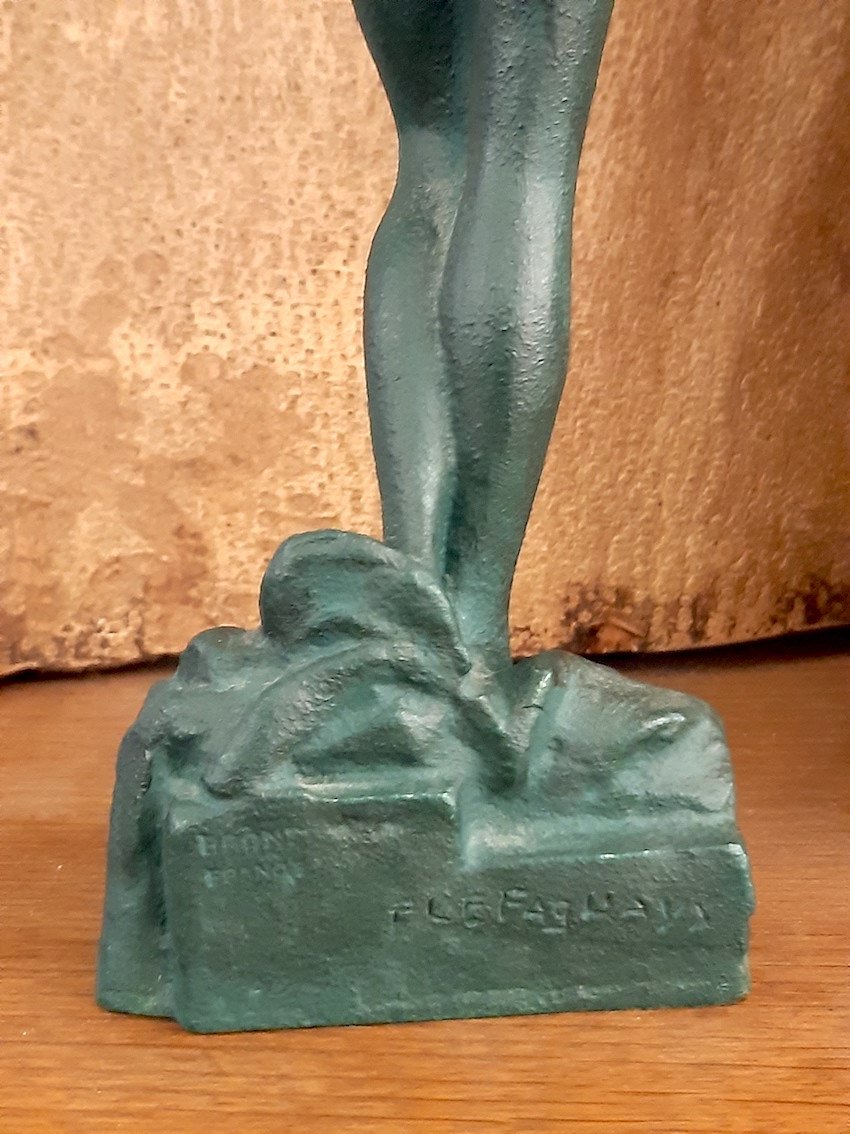 Le Faguays - Sculpture Bronze Art Deco 1930 - 27 cm Femme Nue Bronze Patiné Nymphe signé signed-photo-2