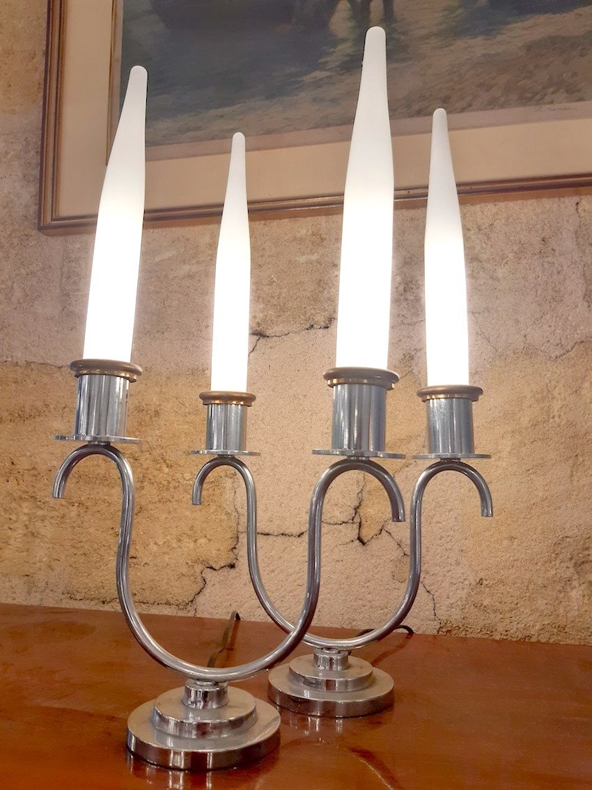 Art Deco - Paire De Lampes Art Deco 1930 Chrome Verre Laiton Opaline Bouts De Table Moderniste -photo-5