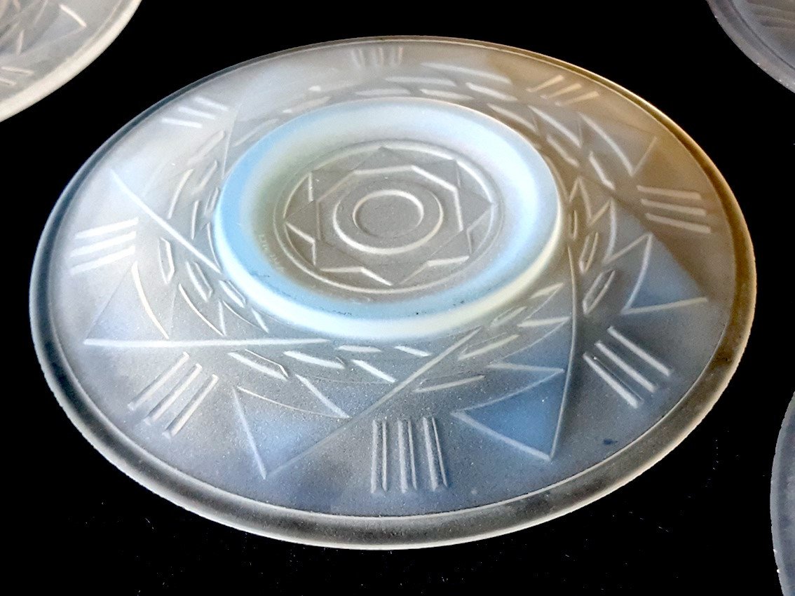 Service Art Deco 1930 12 Assiettes Dessert Verre Opalescent Geometrique Moderniste-photo-4