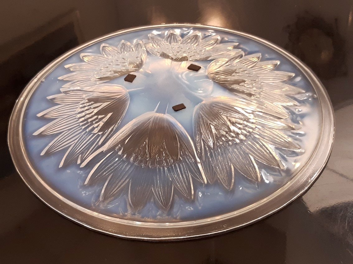 Art Deco 1930 - Coupe Plat Verre Opalescent Fleur Lotus Nénuphar Géométrique P. D’avesn Signé-photo-3