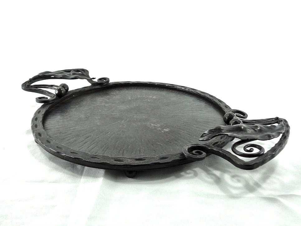 Plateau Art Deco 1925 1930 Fer Forgé Gauthier Plateau Rond Art Déco Wrought Iron Tray-photo-2