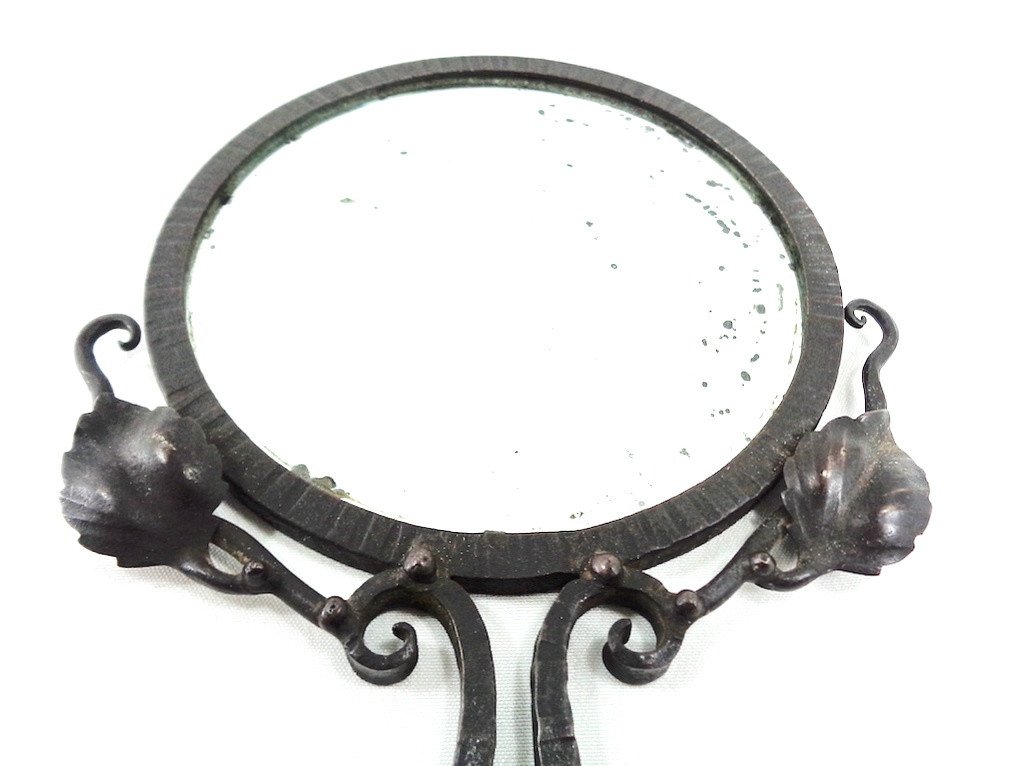 Art Deco Mirror 1925 1930 Wrought Iron Signed Gauthier Face Hand Art Deco Pocket Mirror-photo-2