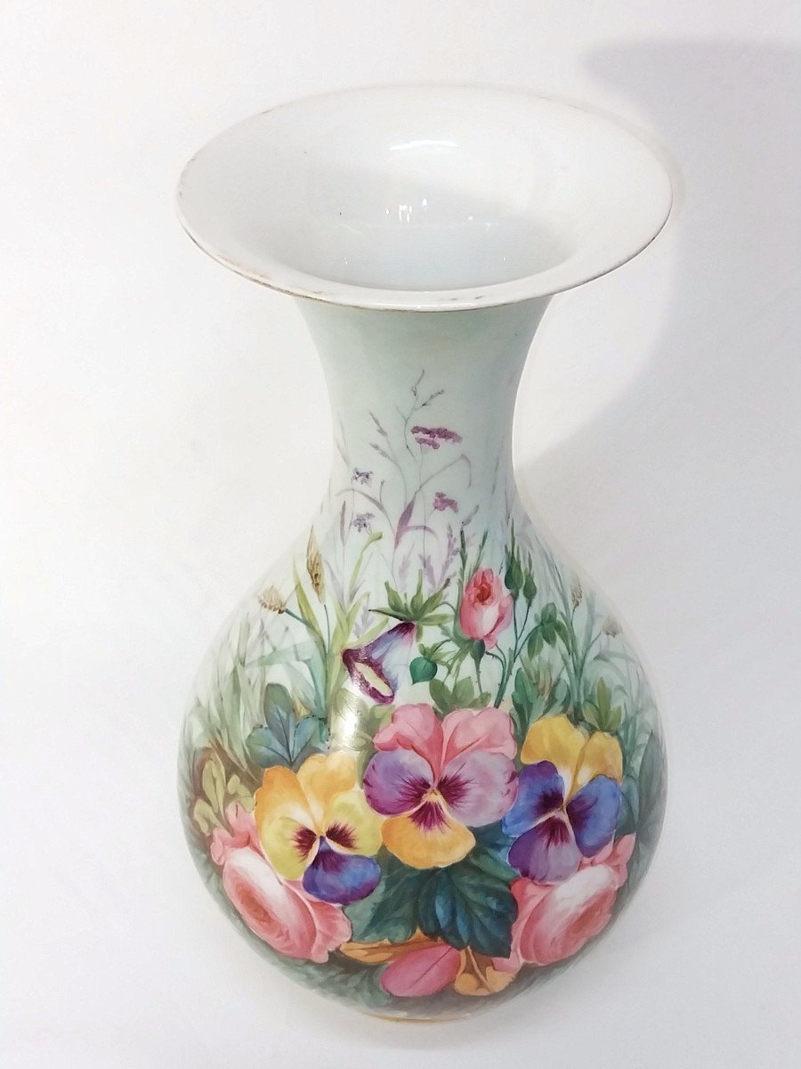 Very Large 18th / 19th Century Porcelain Vase Celadon Enamel Roses Pansies Bellflowers-photo-2