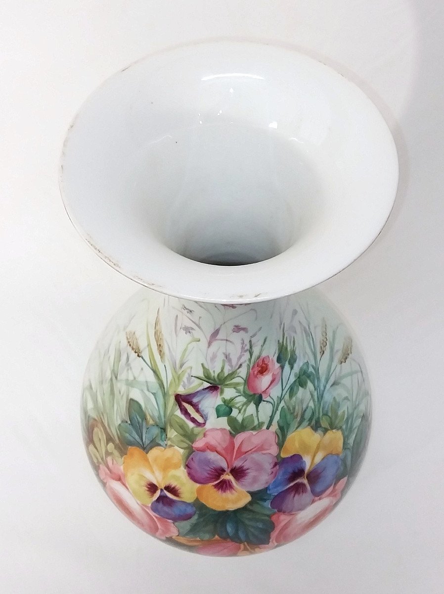 Very Large 18th / 19th Century Porcelain Vase Celadon Enamel Roses Pansies Bellflowers-photo-3