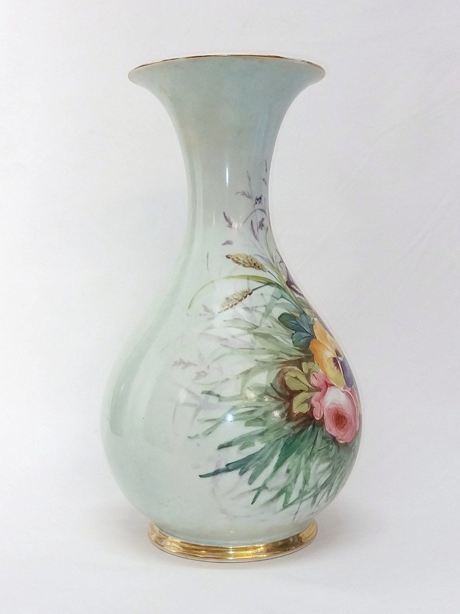 Very Large 18th / 19th Century Porcelain Vase Celadon Enamel Roses Pansies Bellflowers-photo-4