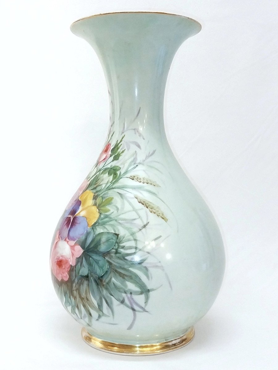 Very Large 18th / 19th Century Porcelain Vase Celadon Enamel Roses Pansies Bellflowers-photo-2