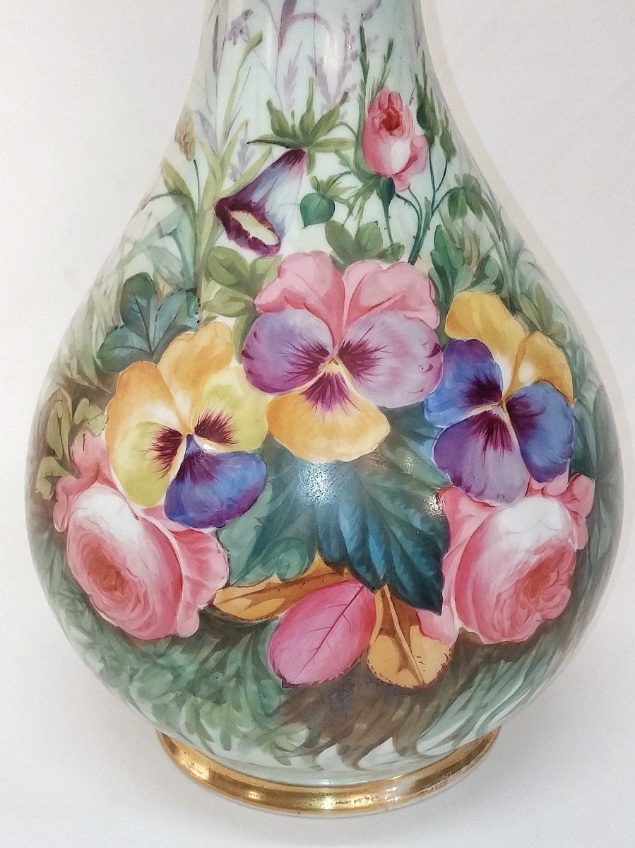 Very Large 18th / 19th Century Porcelain Vase Celadon Enamel Roses Pansies Bellflowers-photo-3