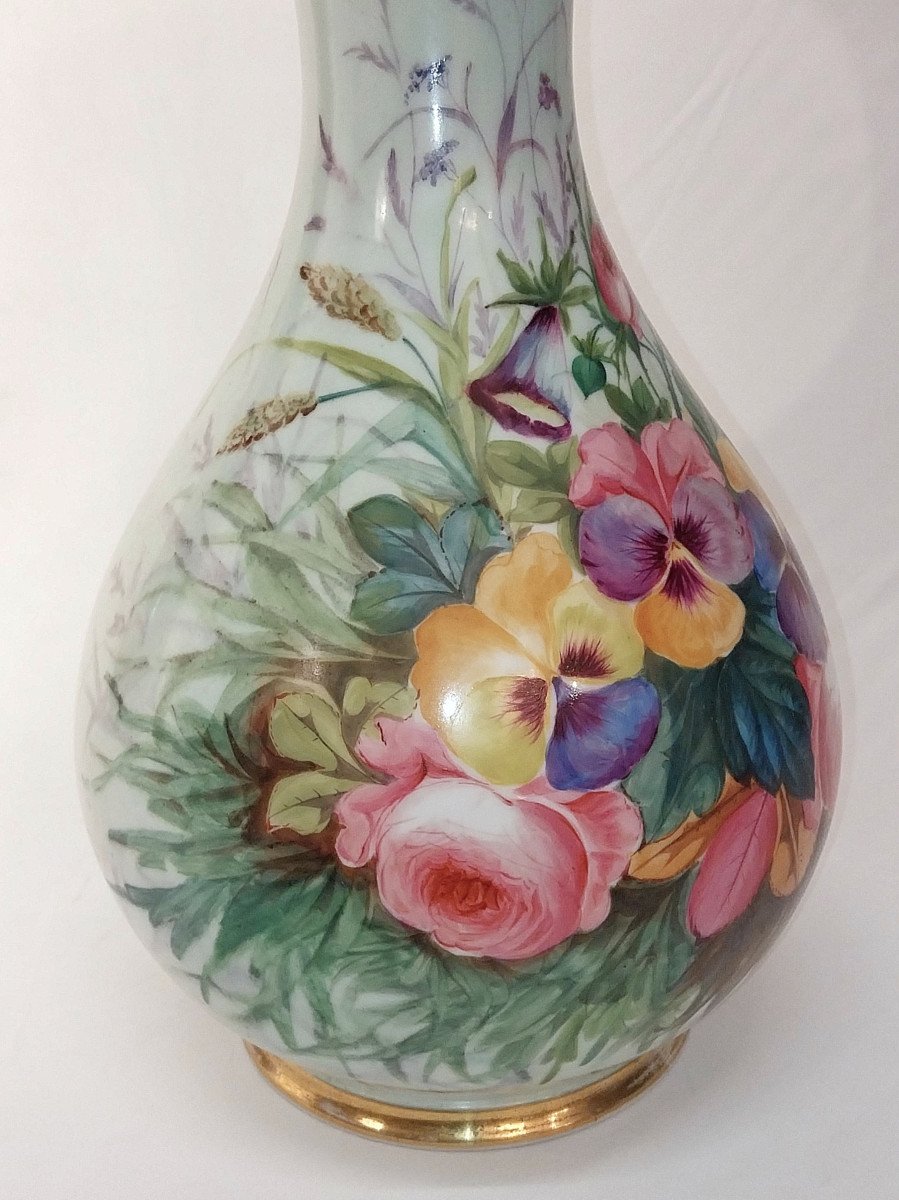 Very Large 18th / 19th Century Porcelain Vase Celadon Enamel Roses Pansies Bellflowers-photo-4