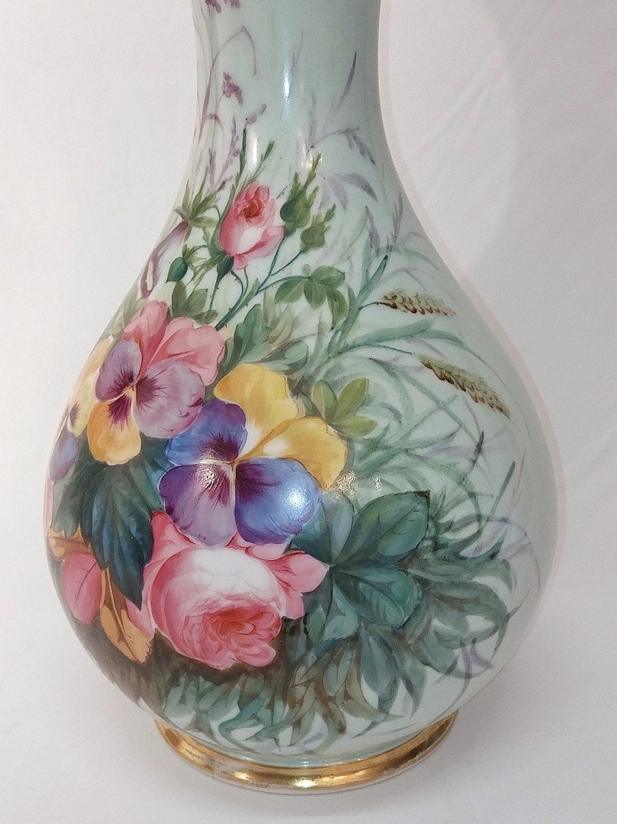 Very Large 18th / 19th Century Porcelain Vase Celadon Enamel Roses Pansies Bellflowers-photo-5