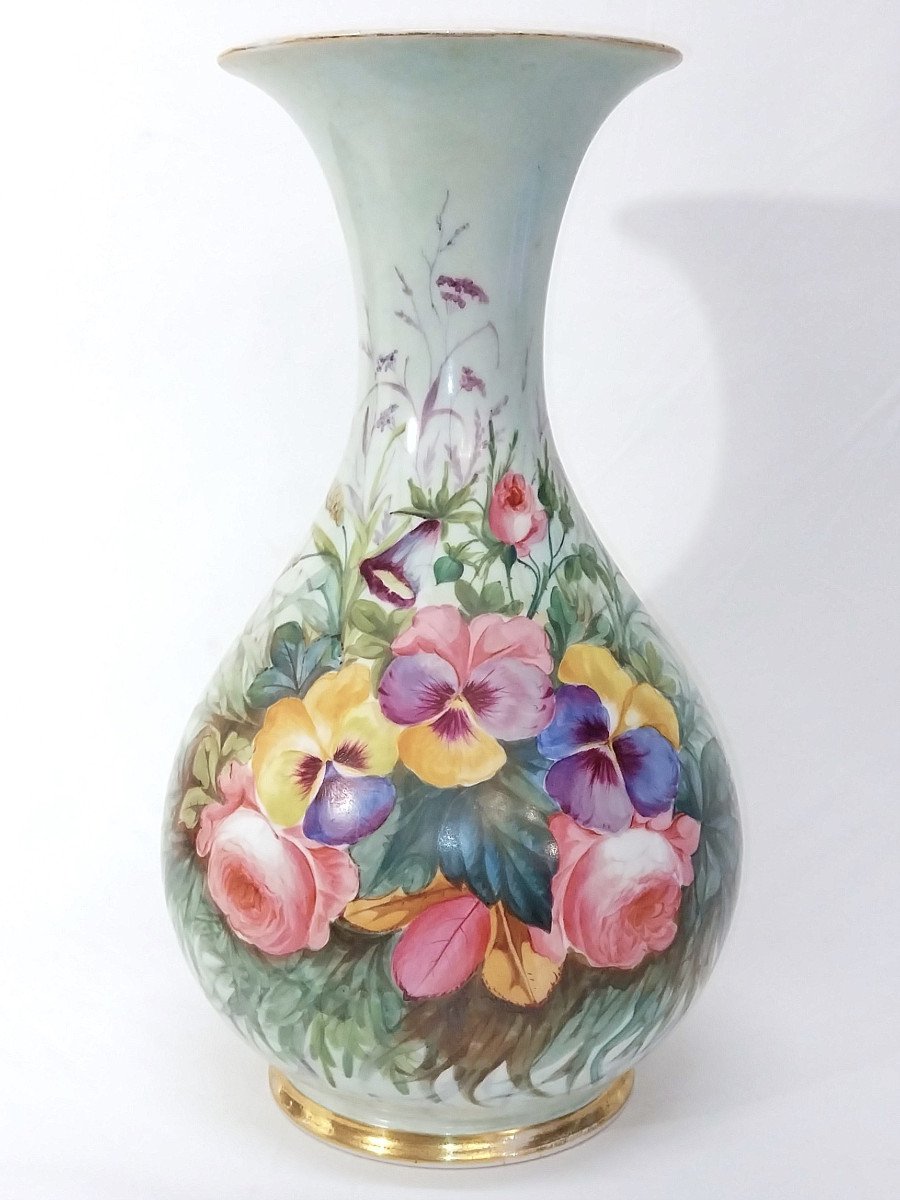 Very Large 18th / 19th Century Porcelain Vase Celadon Enamel Roses Pansies Bellflowers