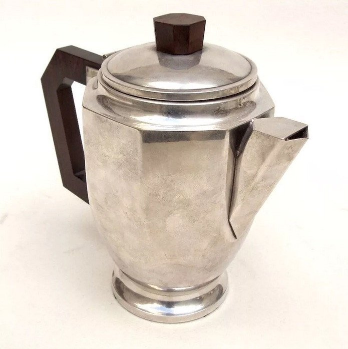 1930 French Art Deco Tea Coffee Set Silvered Metal Exotic Wood 4-piece Set-photo-1