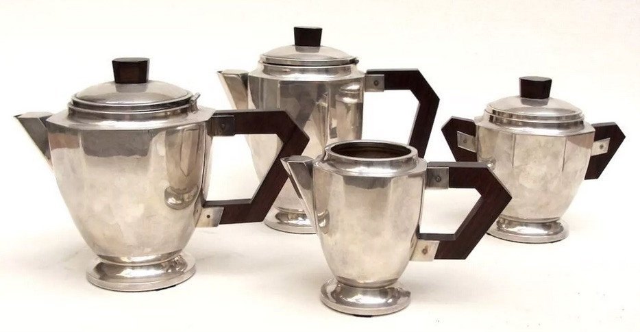 1930 French Art Deco Tea Coffee Set Silvered Metal Exotic Wood 4-piece Set