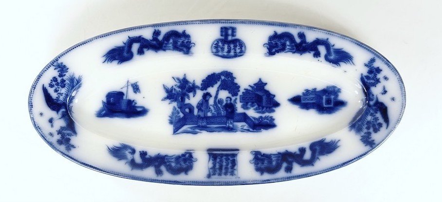 Vieillard - Grand Plat Poisson Faience Fine Modele Au Chinois Tonkin 19° Ceramique Bordeaux