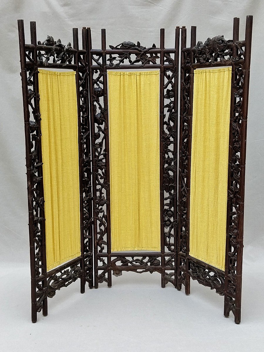 Chine - Paravent Bois Sculpté Fin 19° 3 Feuilles Motif Fleurs  Chinois China Chinese Screen-photo-2