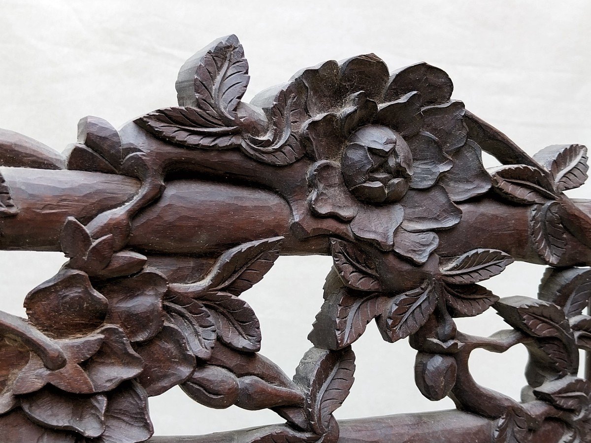 Chine - Paravent Bois Sculpté Fin 19° 3 Feuilles Motif Fleurs  Chinois China Chinese Screen-photo-4