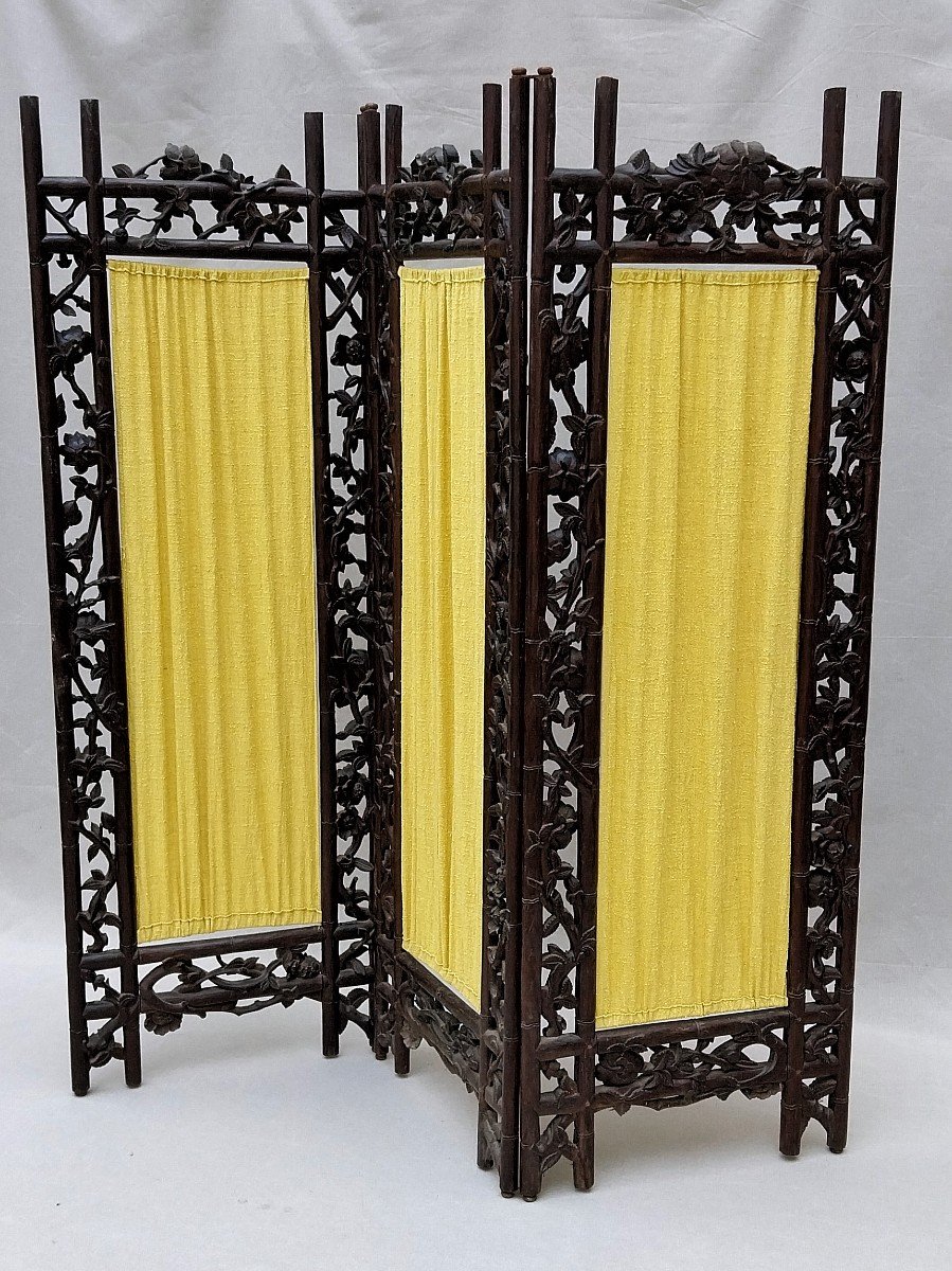Chine - Paravent Bois Sculpté Fin 19° 3 Feuilles Motif Fleurs  Chinois China Chinese Screen