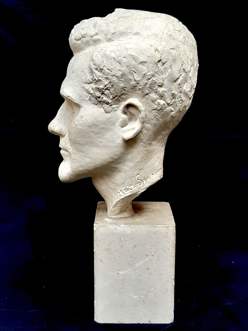 Art Deco Plaster Head Sculpture, 1930, Signed, Male Subject On Base-photo-4