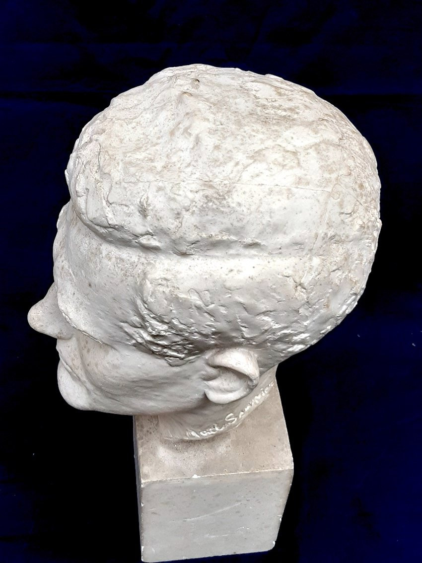 Art Deco Plaster Head Sculpture, 1930, Signed, Male Subject On Base-photo-2