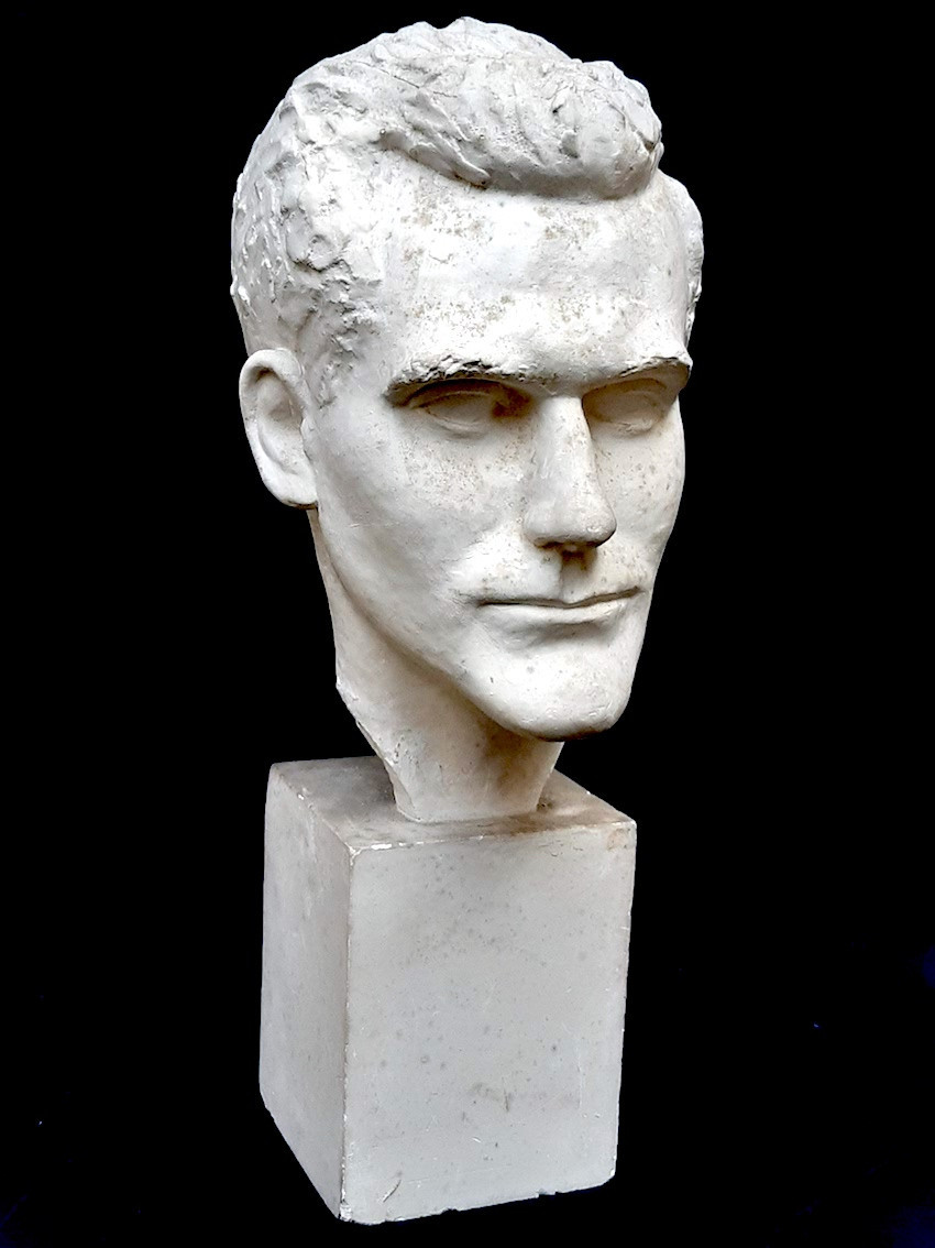Art Deco Plaster Head Sculpture, 1930, Signed, Male Subject On Base
