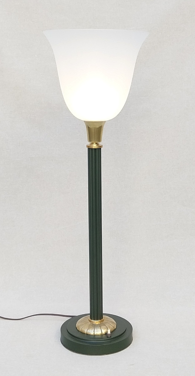 Art Deco - Grande Lampe De Bureau 1930 Laiton Bronze Patine Opaline Lampe Art Déco