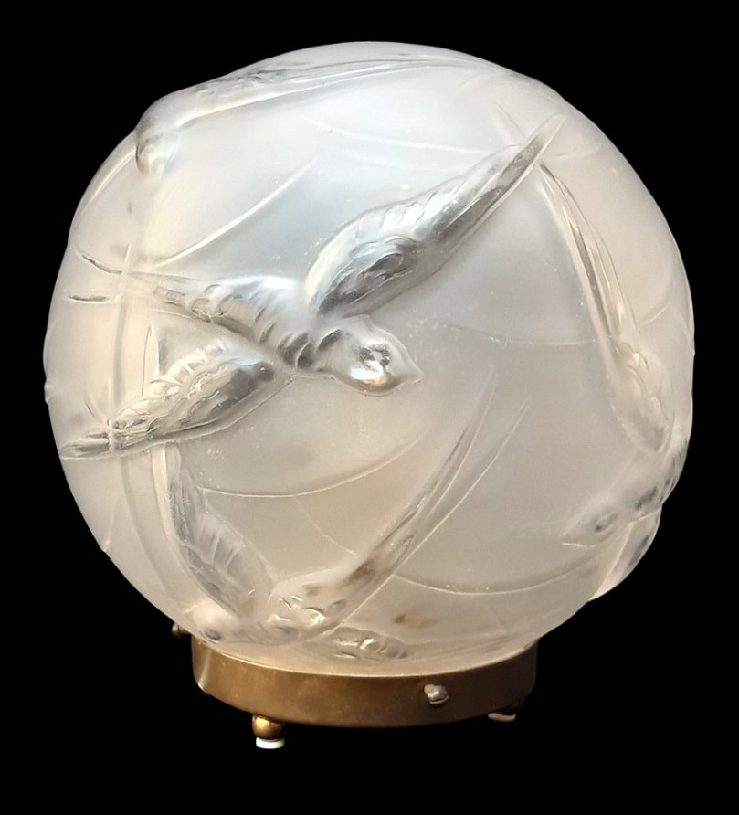 Large Art Deco Lamp 1930 Pressed Glass Brass Ball Living Room Bedside Birds Swallows