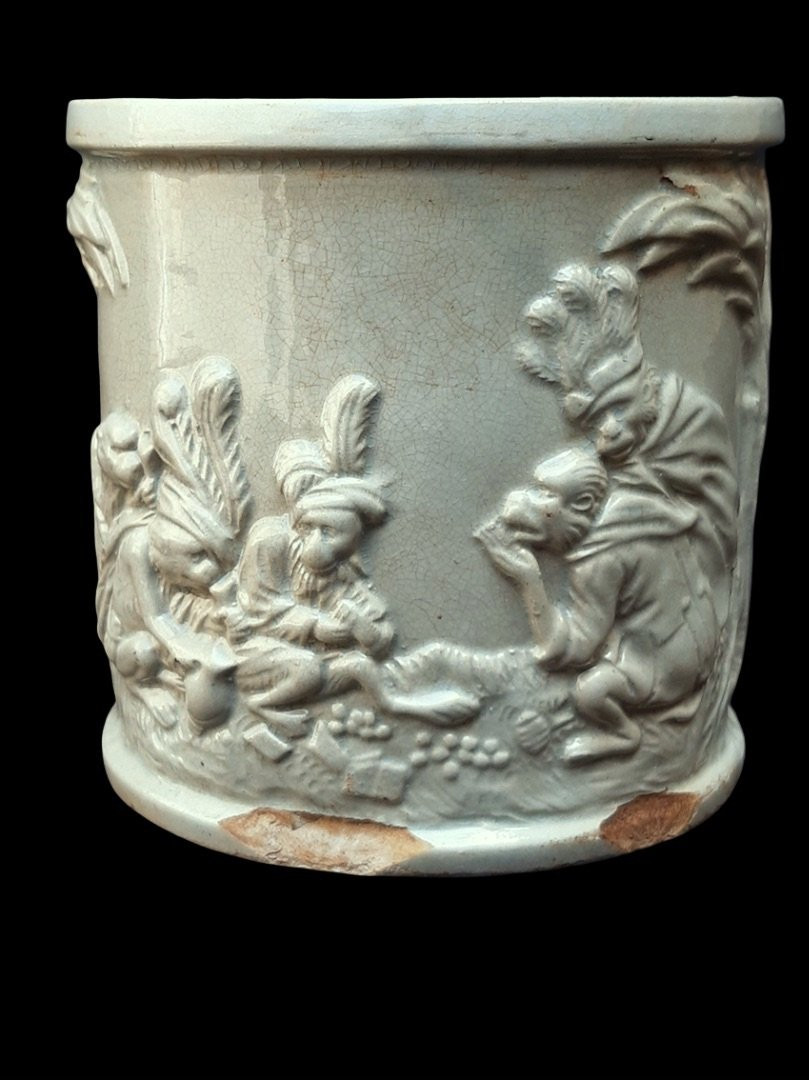 Vieillard Bordeaux pot céramique email céladon faience 19ème singes savants scène parodique-photo-3