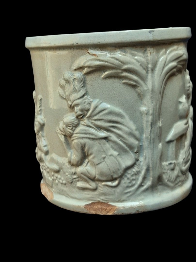 Vieillard Bordeaux pot céramique email céladon faience 19ème singes savants scène parodique-photo-1