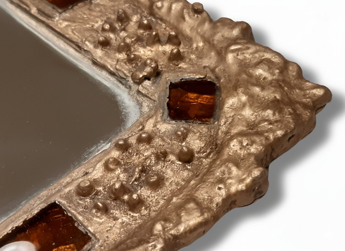 Irena Jaworska - Large Mirror, 60s Design Gilded Metal Glass Inclusions Line Vautrin's Workshop-photo-1