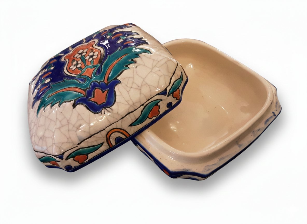 Keramis - 1930 Art Deco Candy Box - Crackled Ceramic, Colored Glaze, Stylized Design. Signed-photo-4