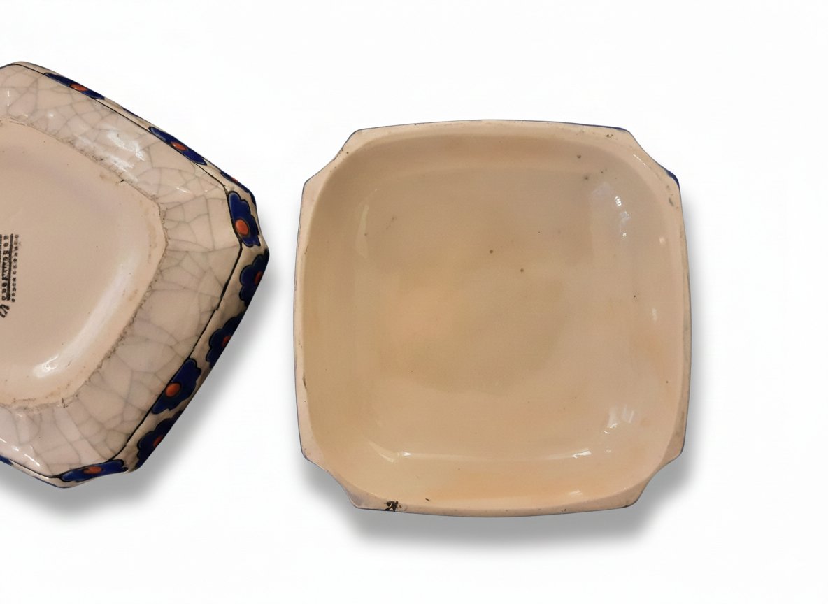 Keramis - 1930 Art Deco Candy Box - Crackled Ceramic, Colored Glaze, Stylized Design. Signed-photo-3