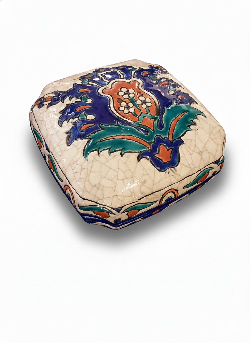 Keramis - 1930 Art Deco Candy Box - Crackled Ceramic, Colored Glaze, Stylized Design. Signed