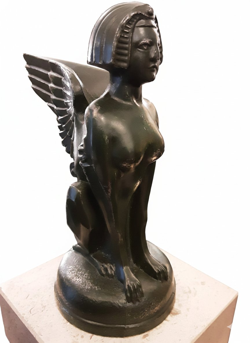 Mascotte Bouchon de radiateur Art Deco 1930 signé Ruffony Sphinx Ailé Sphinge-photo-4