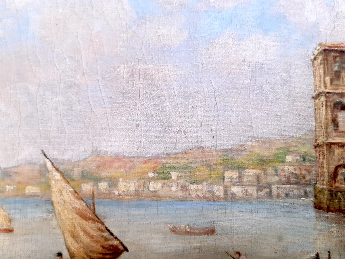 HST Vue De Naples Palais Donna Anna Palazzo Donn`Anna 1900  Tableau signé Italie Venise-photo-5